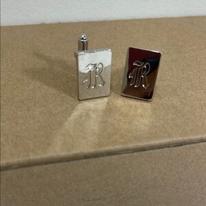 R Inscribed Silver Rectangle Cuff Links
